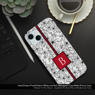 Hand Drawn White Floral Pattern and Red Monogram iPhone 15 Plus Case