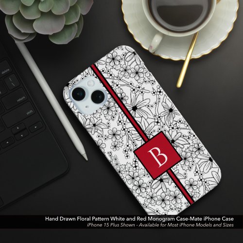 Hand Drawn White Floral Pattern and Red Monogram  iPhone 15 Plus Case
