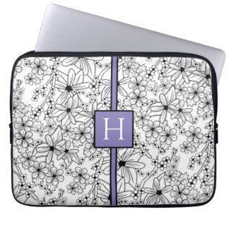 Hand Drawn White Floral Pattern Purple Monogram Laptop Sleeve