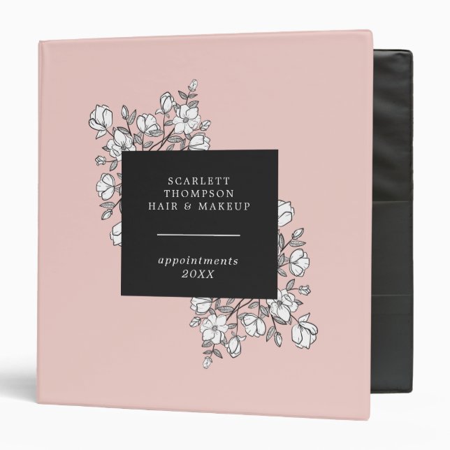 Hand-Drawn White Flower Branches Pink Appointment 3 Ring Binder (Front/Inside)
