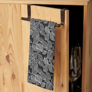 Hand-drawn White Leaves Black Kitchen Towel