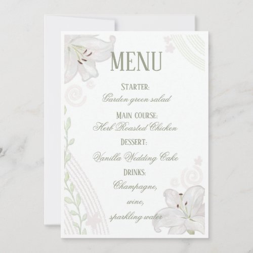 Hand drawn White Lily wedding menu card