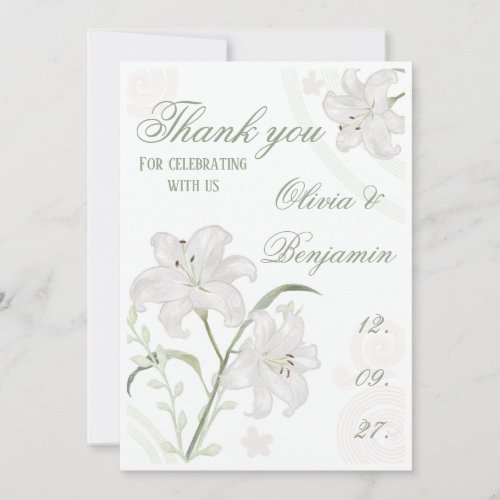 Hand drawn white lily wedding thank you card