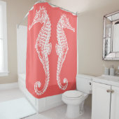 Hand Drawn White Seahorse Classy Coral Shower Curtain (In Situ)