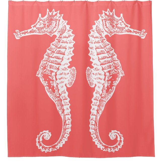 Hand Drawn White Seahorse Classy Coral Shower Curtain (Front)