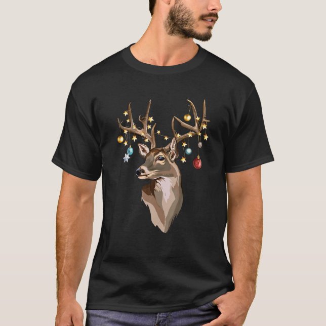 Hand Drawn White-Tailed Buck Deer Antlers Christma T-Shirt (Front)