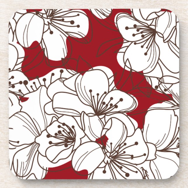 Hand Drawn White Wild Flowers on Red Beverage Coaster (Front)
