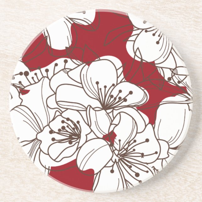 Hand Drawn White Wild Flowers on Red Coaster (Front)