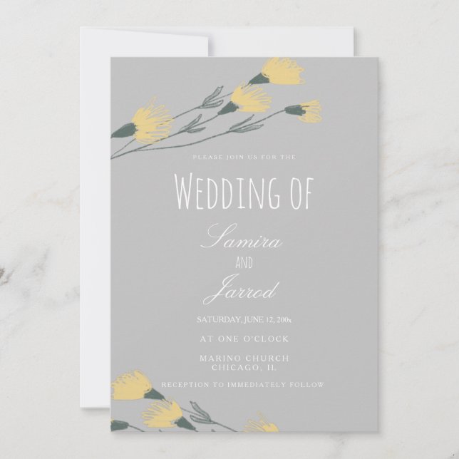 Hand-Drawn Wild Flower Botanical Gray Wedding Invitation (Front)