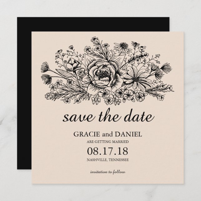 Hand Drawn Wildflower Field Etching Save the Date Invitation (Front/Back)