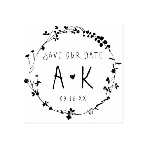 Hand Drawn Wildflower Wreath Save The Date Rubber Stamp
