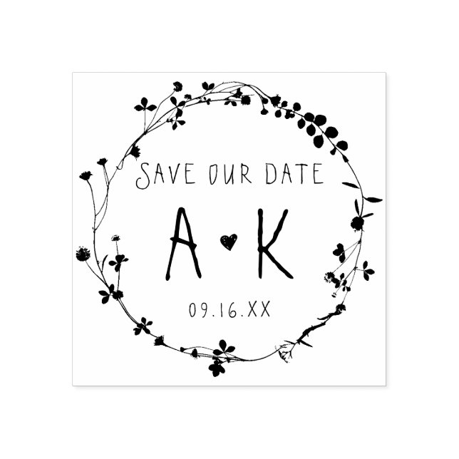 Hand Drawn Wildflower Wreath Save The Date Rubber Stamp (Imprint)