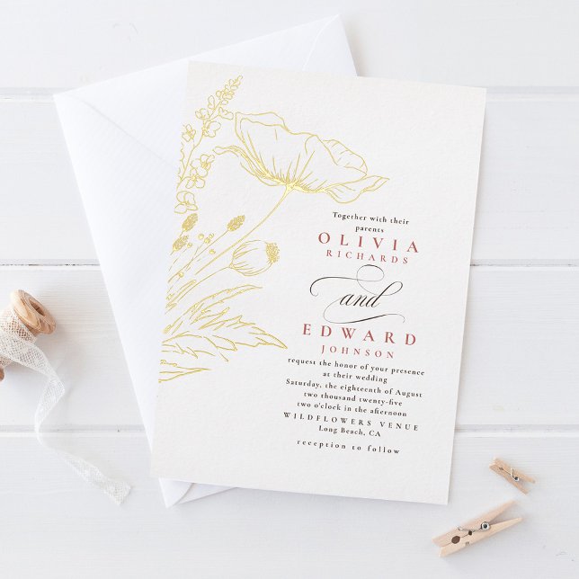Hand-drawn Wildflowers Dusty Pink Elegant Wedding Foil Invitation (Gold foil wildflowers wedding invites)