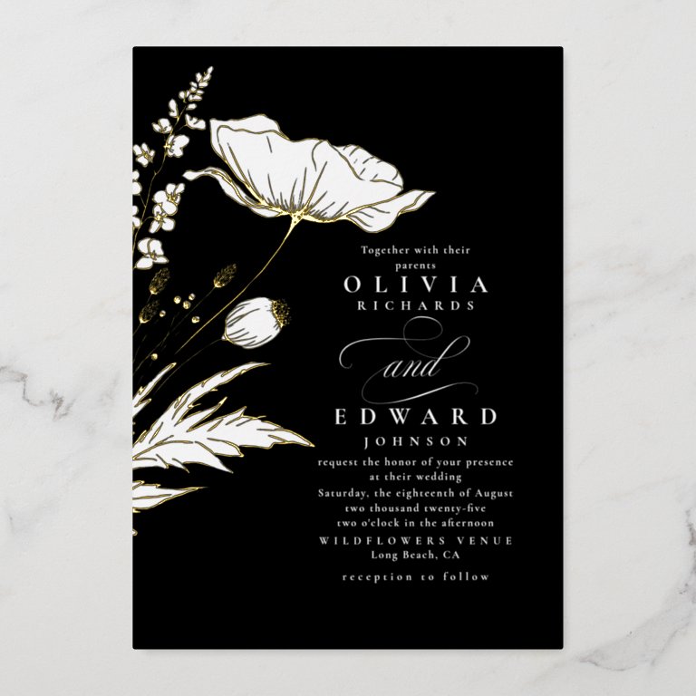 Hand-drawn Wildflowers Elegant Black Wedding Foil Invitation