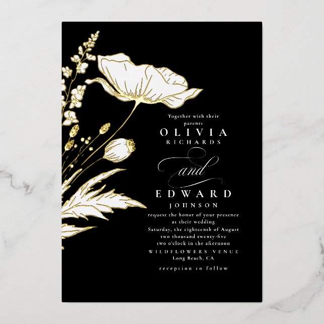 Hand-drawn Wildflowers Elegant Black Wedding Foil Invitation (Front)