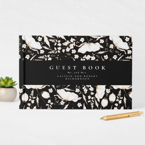 Hand_drawn Wildflowers Elegant Black Wedding Guest Book