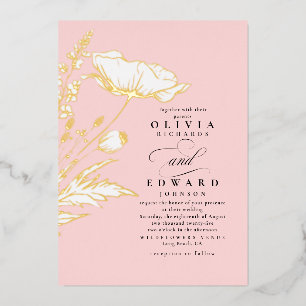 Hand-drawn Wildflowers Elegant Blush Pink Wedding Foil Invitation