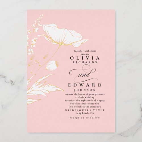 Hand_drawn Wildflowers Elegant Blush Pink Wedding Foil Invitation