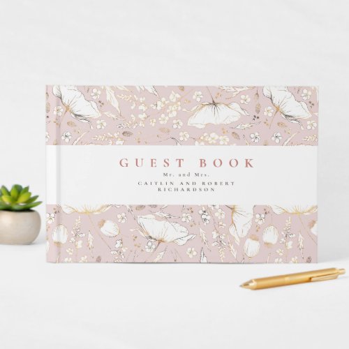 Hand_drawn Wildflowers Elegant Dusty Pink Wedding Guest Book
