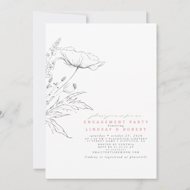 Hand-drawn Wildflowers Elegant Engagement Party Invitation (Front)