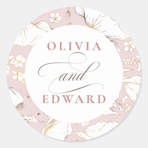 Hand_drawn Wildflowers Elegant Gold Wedding Classic Round Sticker