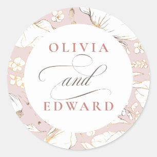 Hand-drawn Wildflowers Elegant Gold Wedding Classic Round Sticker