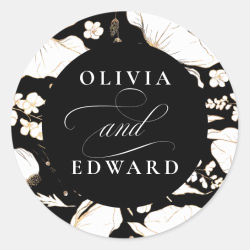 Hand_drawn Wildflowers Elegant Gold Wedding Classic Round Sticker