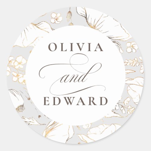 Hand_drawn Wildflowers Elegant Gold Wedding Classic Round Sticker