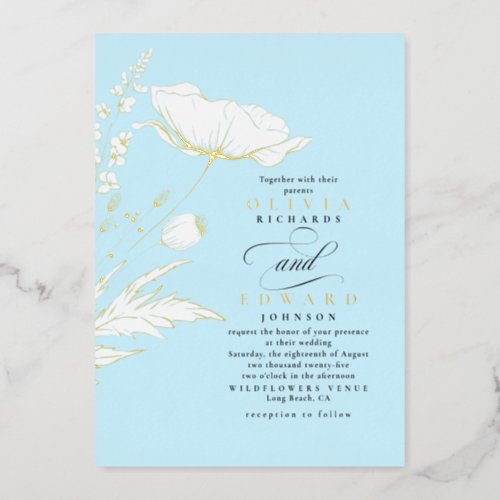 Hand_drawn Wildflowers Elegant Light Blue Wedding Foil Invitation