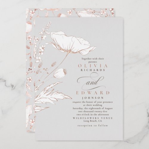 Hand_drawn Wildflowers Elegant Light Grey Wedding Foil Invitation