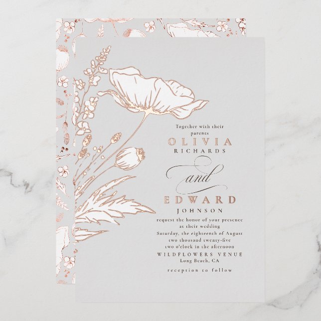 Hand-drawn Wildflowers Elegant Light Grey Wedding Foil Invitation (Front/Back)