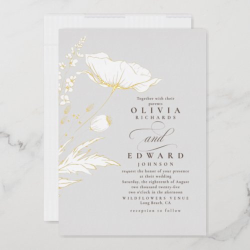 Hand_drawn Wildflowers Elegant Light Grey Wedding Foil Invitation