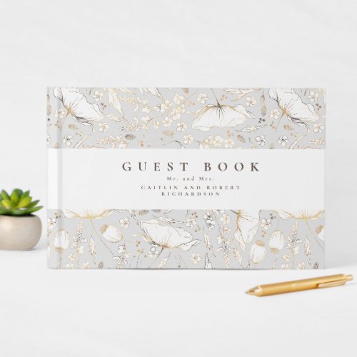 Hand_drawn Wildflowers Elegant Light Grey Wedding Guest Book