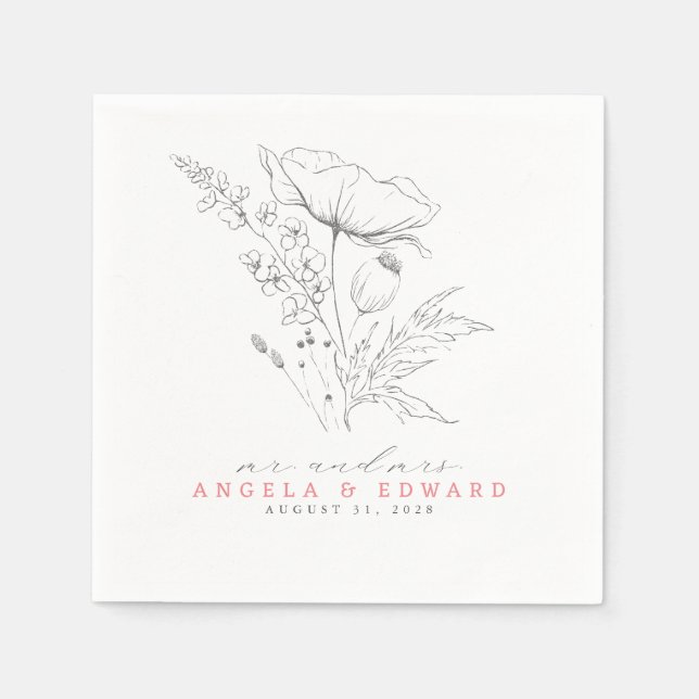 Hand-drawn Wildflowers Elegant Minimalist Wedding Napkins (Front)