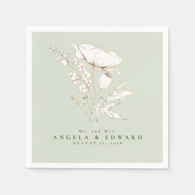 Hand-drawn Wildflowers Elegant Minimalist Wedding Napkins (Front)