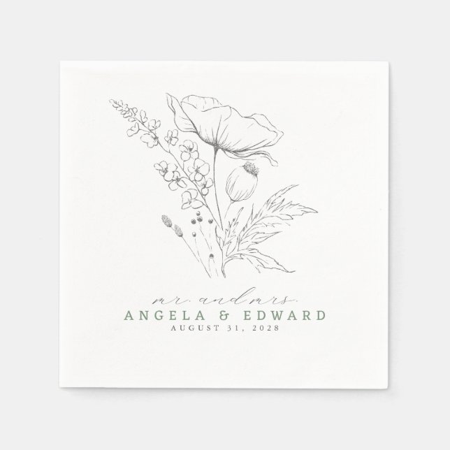 Hand-drawn Wildflowers Elegant Minimalist Wedding  Napkins (Front)