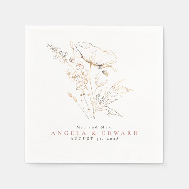 Hand-drawn Wildflowers Elegant Minimalist Wedding Napkins (Front)