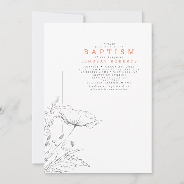 Hand-drawn Wildflowers Elegant Peach Color Baptism Invitation (Front)