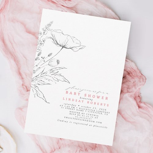 Hand_drawn Wildflowers Elegant Pink Baby Shower Invitation
