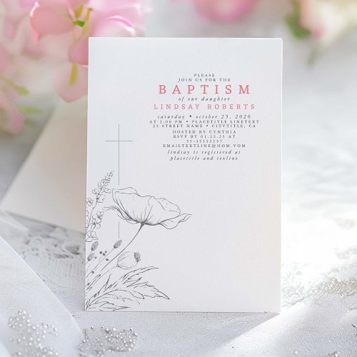 Hand_drawn Wildflowers Elegant Pink Baptism Invitation