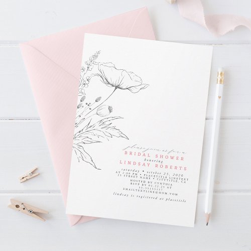 Hand_drawn Wildflowers Elegant Pink Bridal Shower Invitation