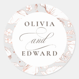 Hand-drawn Wildflowers Elegant Pink Gold Wedding Classic Round Sticker