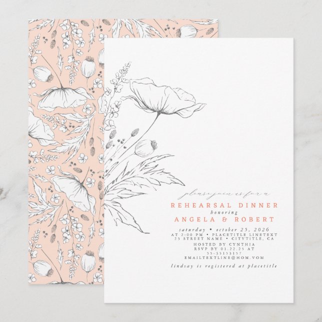 Hand-drawn Wildflowers Elegant Rehearsal Dinner Invitation (Front/Back)