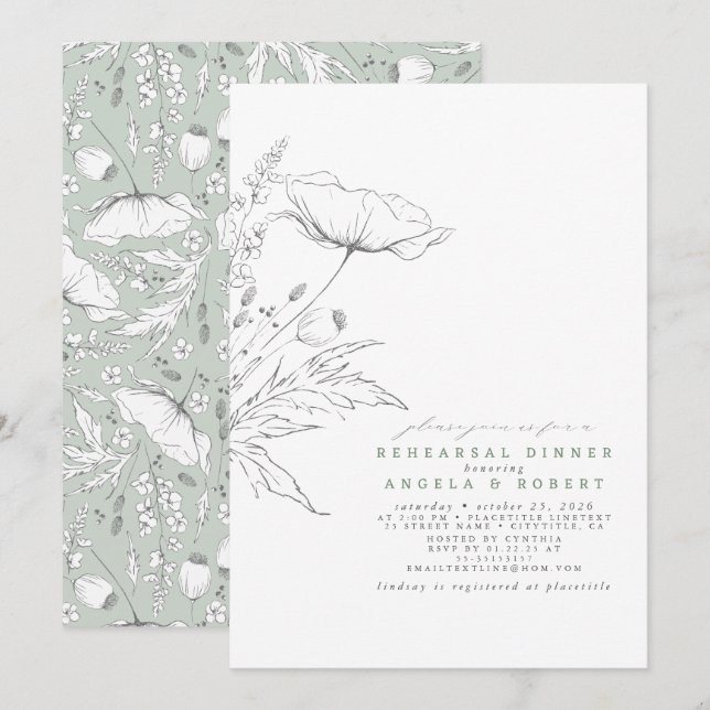 Hand-drawn Wildflowers Elegant Rehearsal Dinner Invitation (Front/Back)