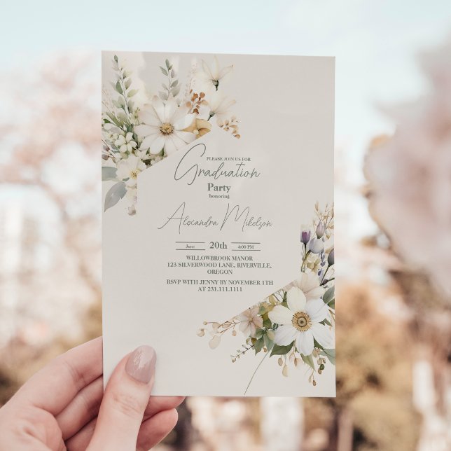 Hand-drawn Wildflowers Elegant Sage Graduation Invitation (Creator Uploaded)