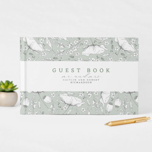 Hand_drawn Wildflowers Elegant Sage Green Wedding Guest Book