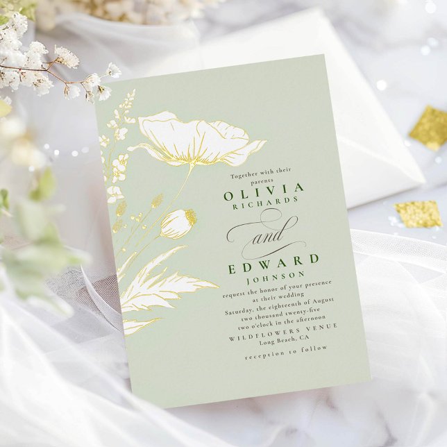 Hand-drawn Wildflowers Elegant Sage Wedding Foil Invitation (Gold Foil Wildflowers Sage Wedding Invitations)