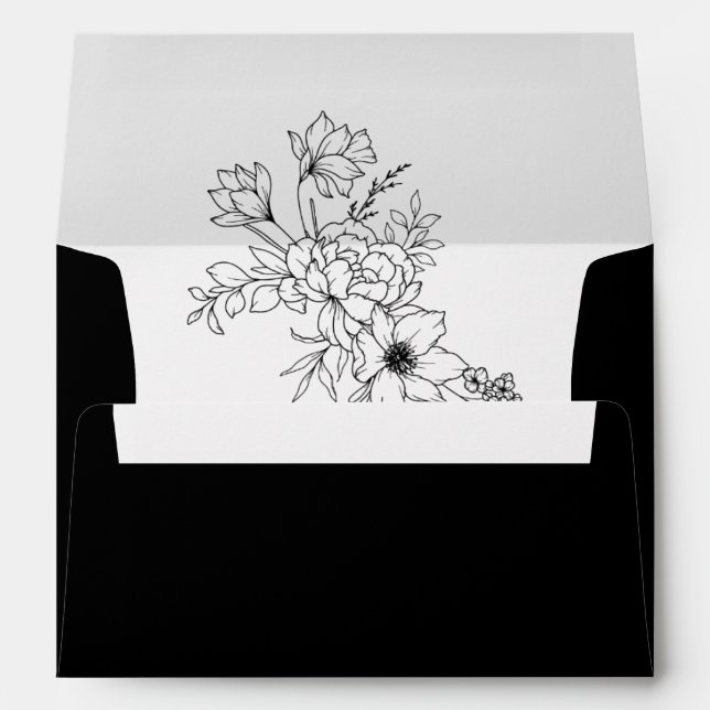 Hand-Drawn Wildflowers Gold Black Wedding Envelope (Back (Bottom))