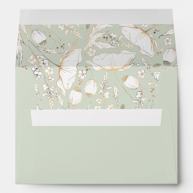 Hand-Drawn Wildflowers Gold Sage Green Wedding Envelope (Back (Bottom))