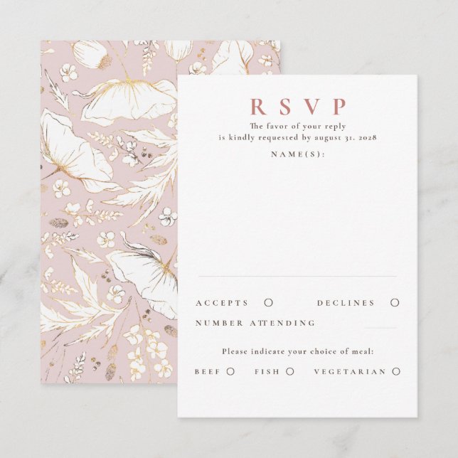 Hand-drawn Wildflowers Gold Wedding RSVP Card (Front/Back)
